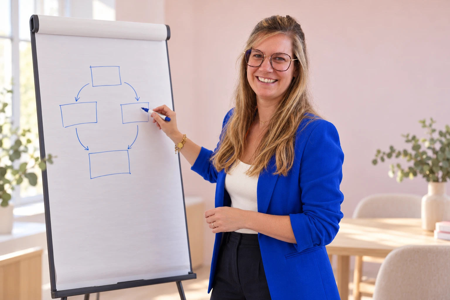 Valérie legt een plan uit aan de flipchart