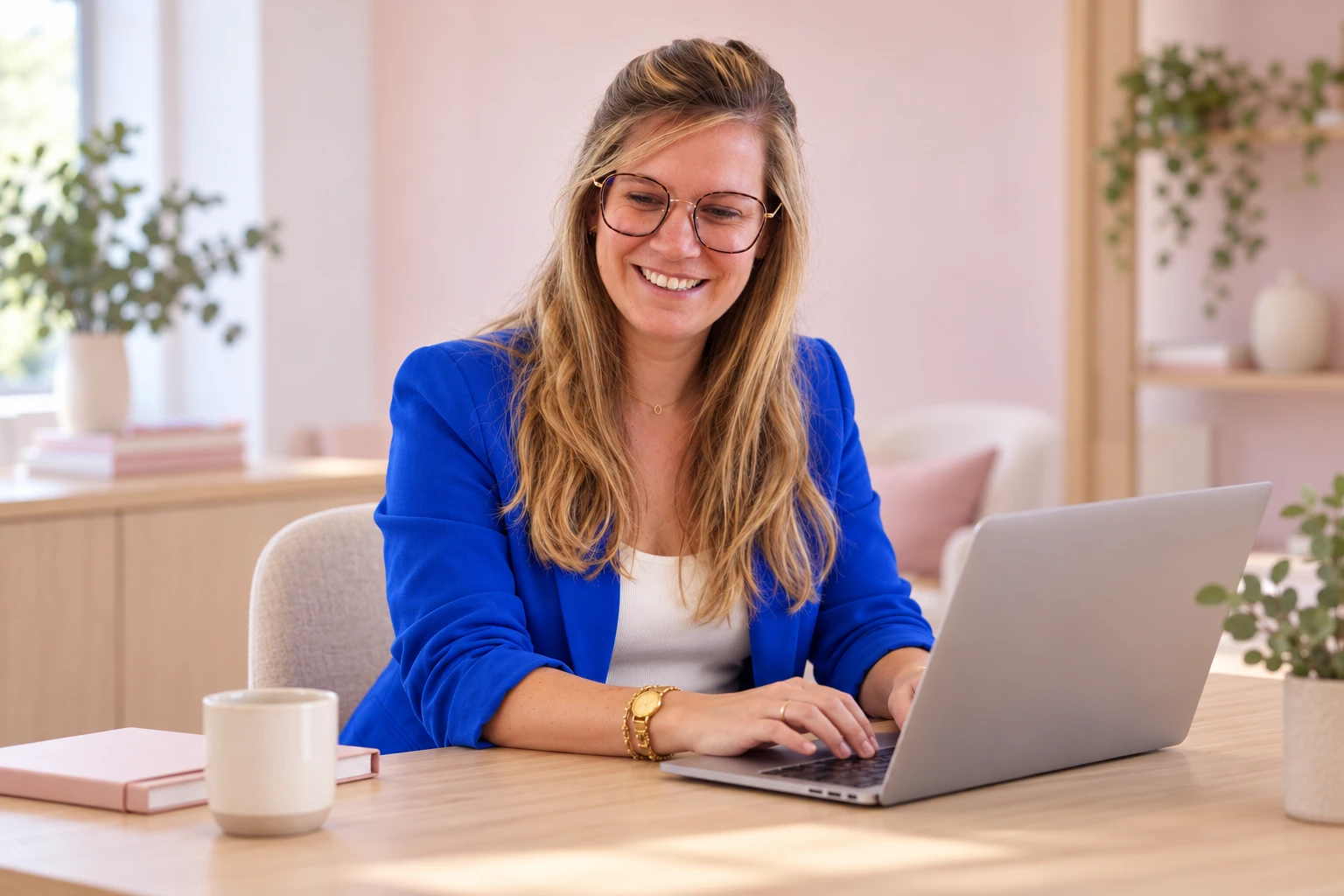 Valérie aan het werk achter haar laptop